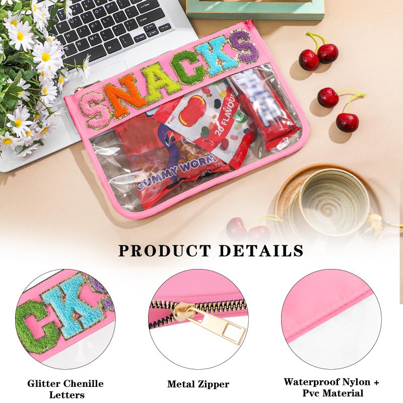 DYSHAYEN Chenille Letter Clear Snack Bag for Travel Nylon Clear Cosmetic Bag Makeup Travel Bag for Women (Pink-Snacks) - Image 3